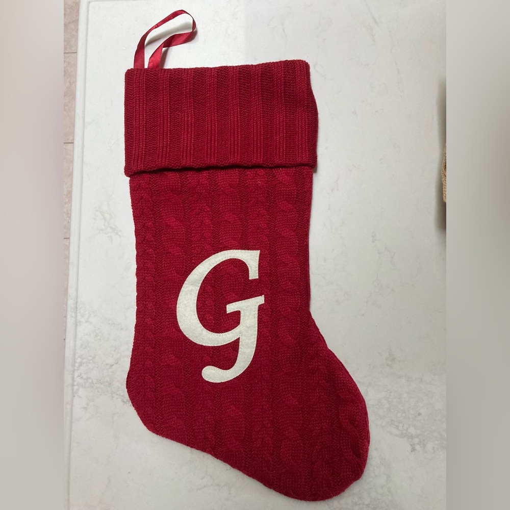 Christmas Red cableknit stocking Monogram with the letter G 9”W X 19”L Felt back